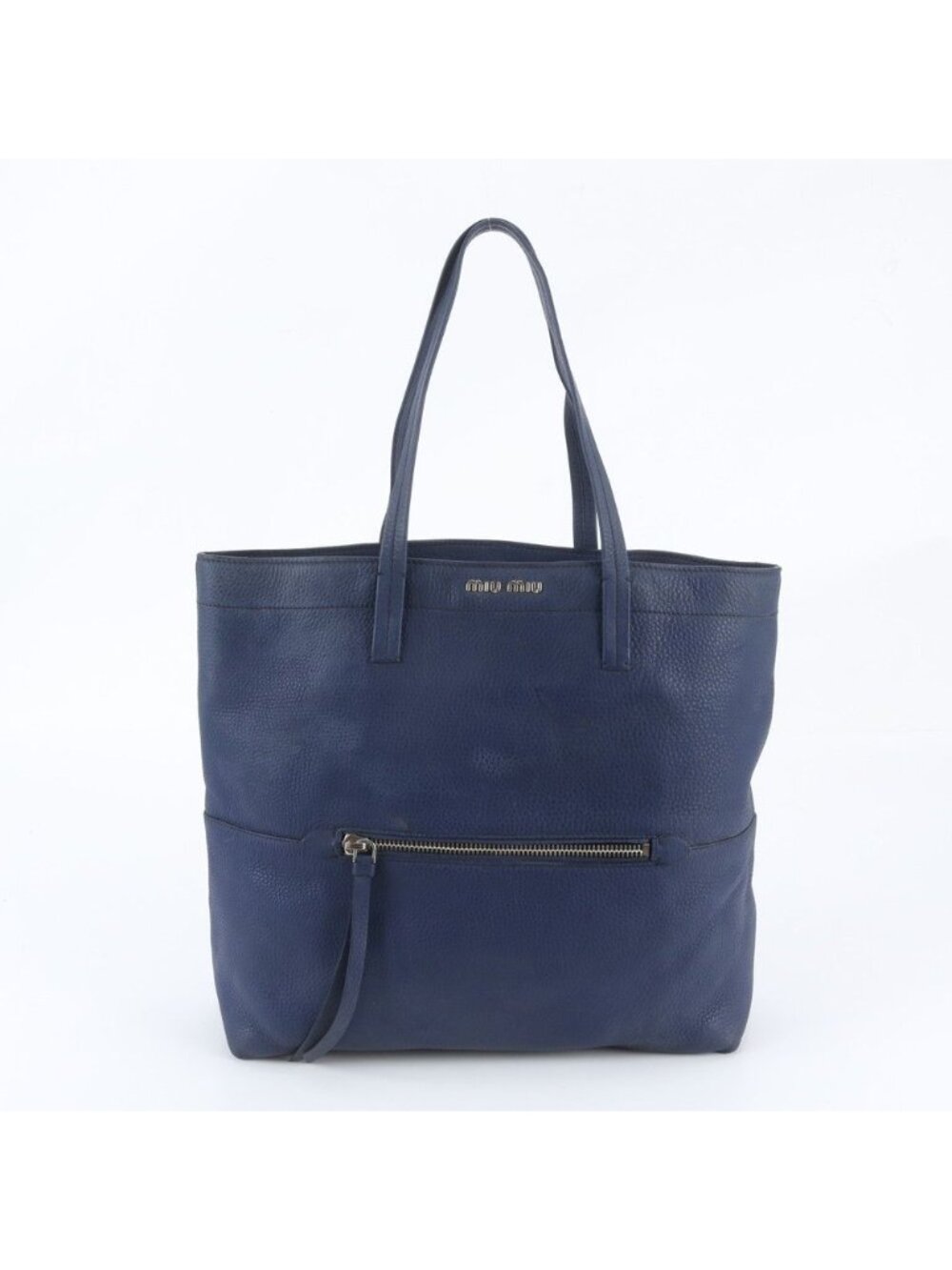 Miu Miu Leather Tote Bag Shoulder Hand Silver Navy